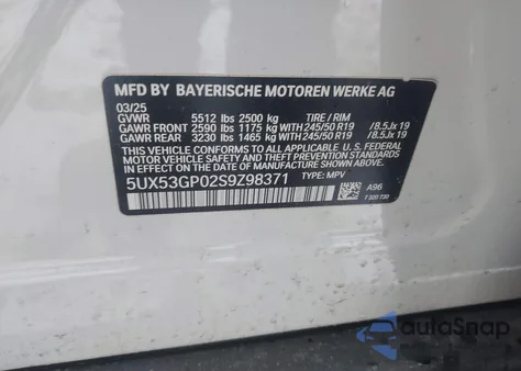 2025 BMW X3 30 xDrive из США, поврежденный, VIN 5UX53GP02S9Z98371